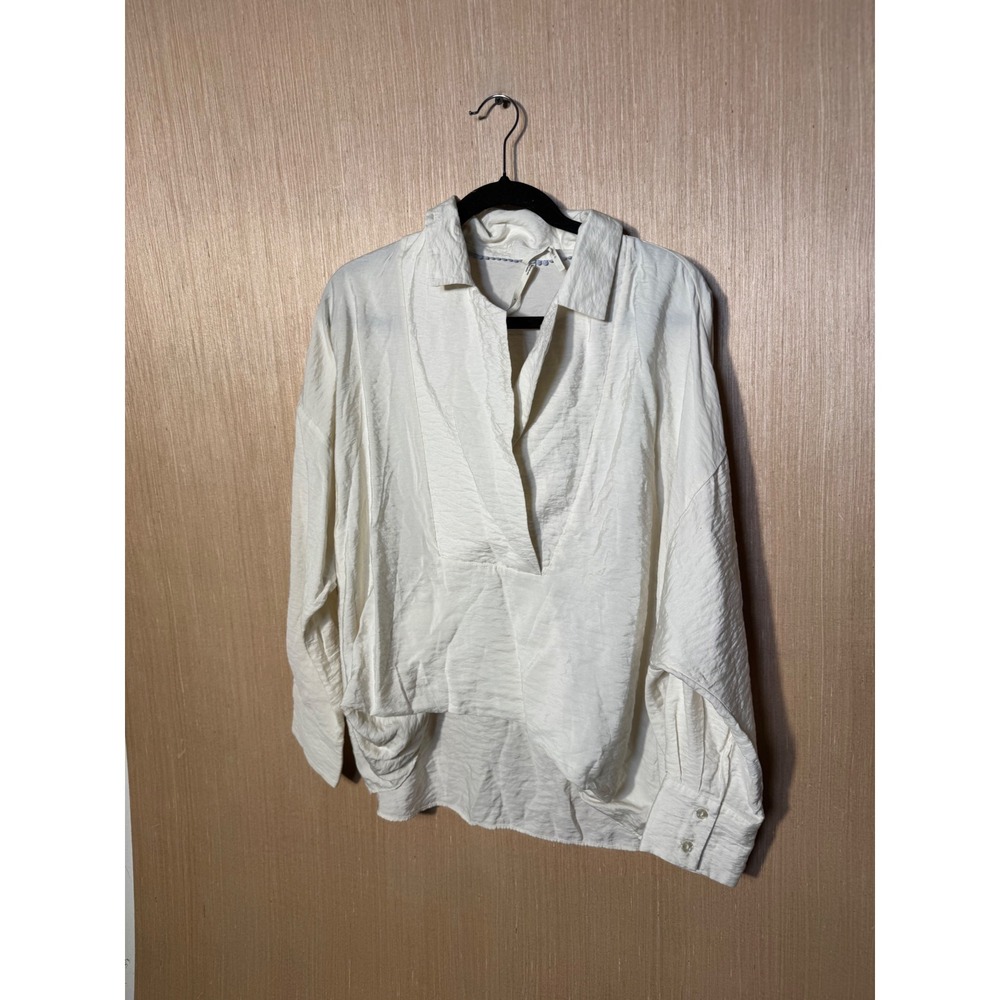 Anthropologie Cream Textured V-Neck Long Sleeve Blouse